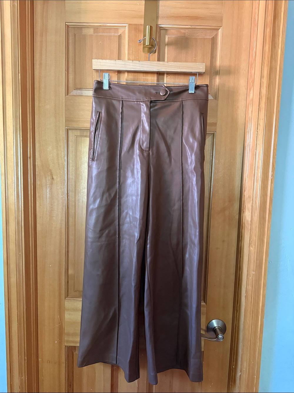SUNCOO Brown Faux Leather Wide-Leg Cropped Pants